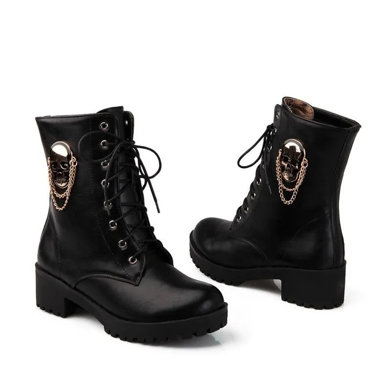 Black Leather Ankle Boots Skull Street Fashion Women's Casual Shoes GCS058