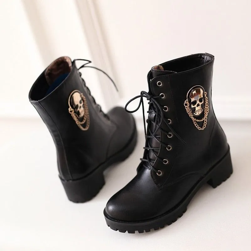 Black Leather Ankle Boots Skull Street Fashion Women's Casual Shoes GCS058