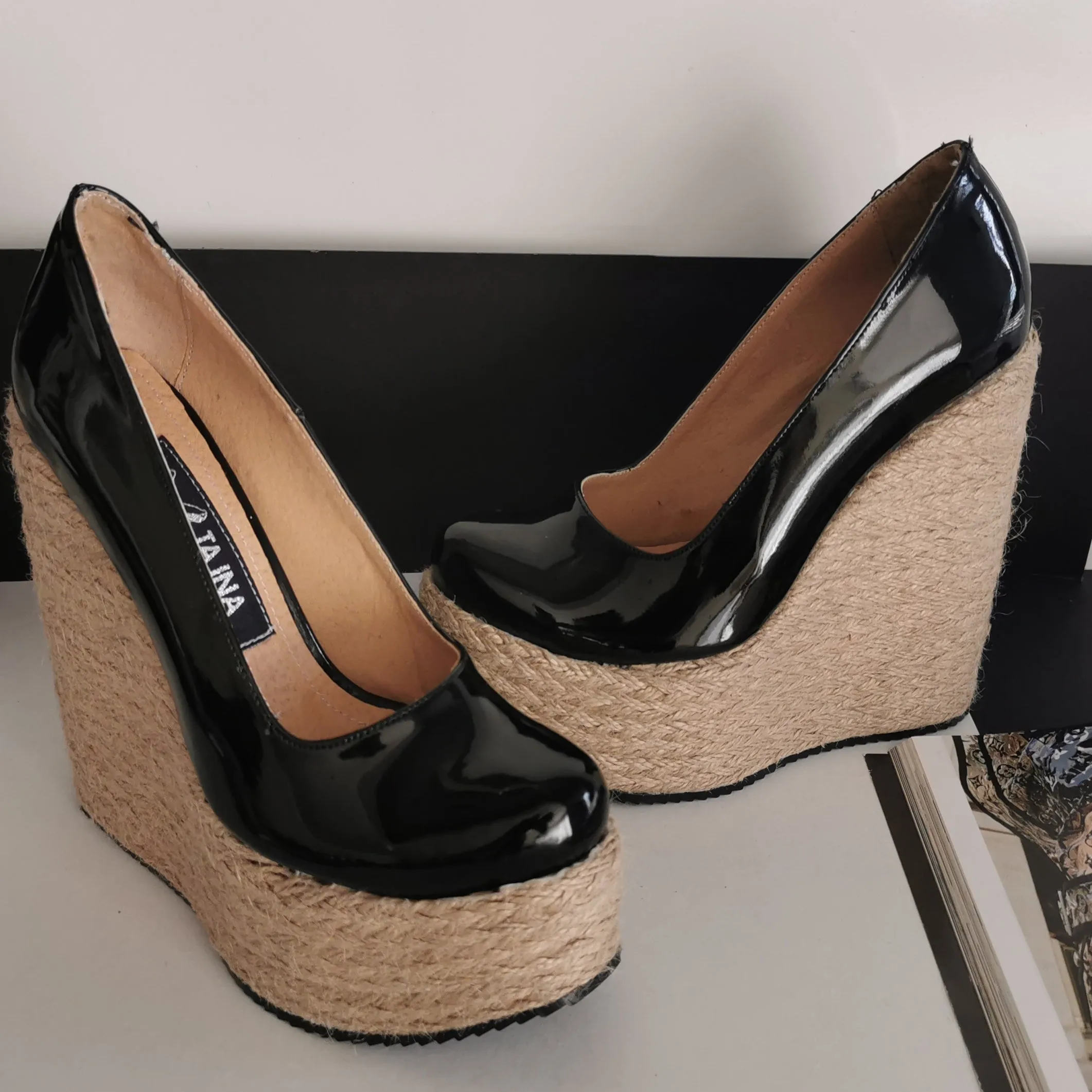 Black Patent Espadril Wedge Heels