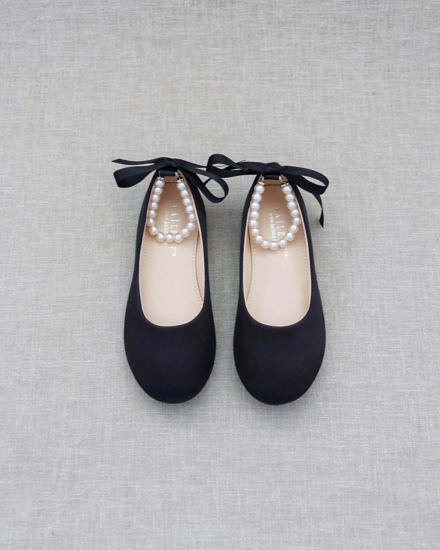 Black Satin Flats with Pearls Ankle Strap