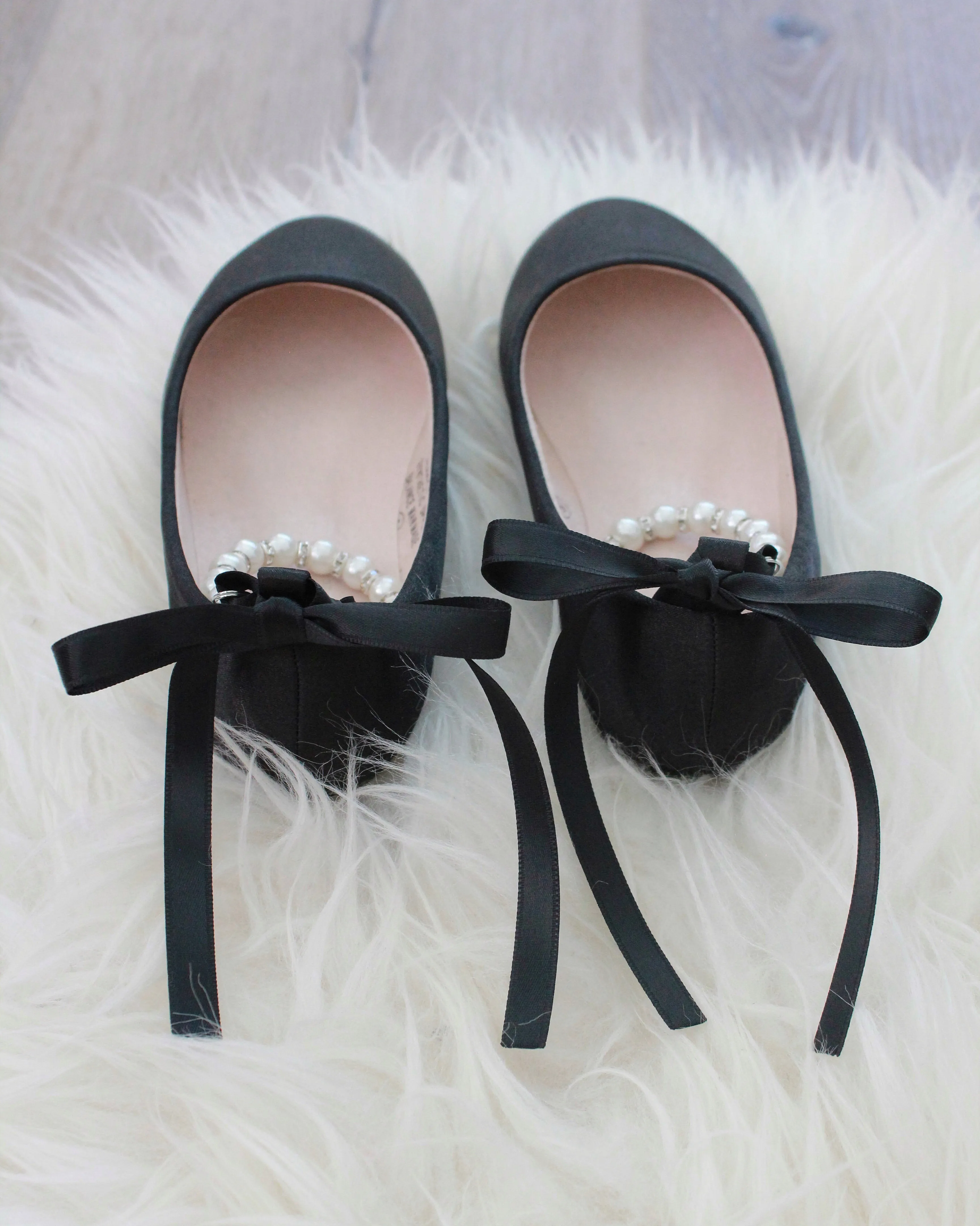 Black Satin Flats with Pearls Ankle Strap