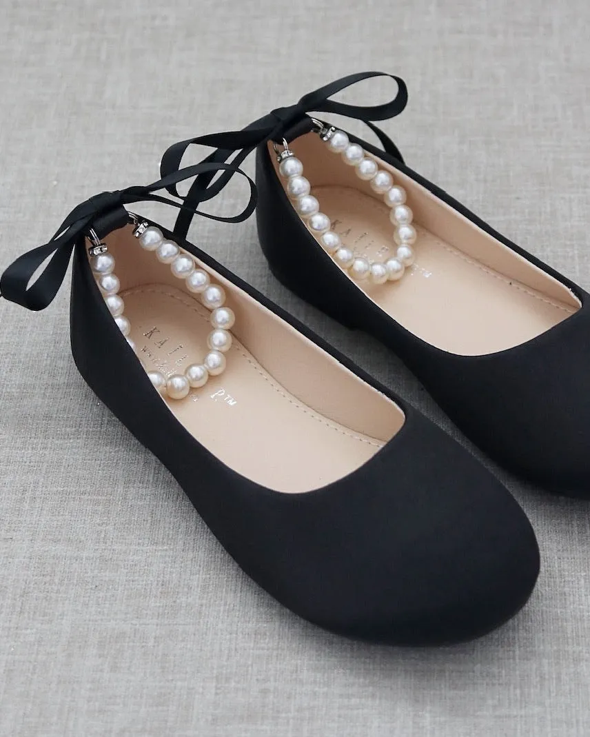 Black Satin Flats with Pearls Ankle Strap