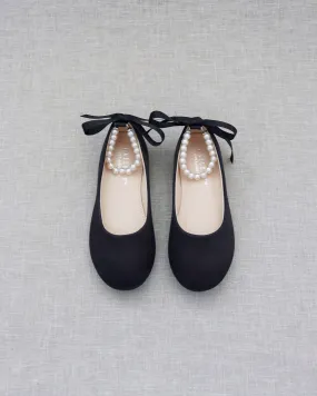 Black Satin Flats with Pearls Ankle Strap