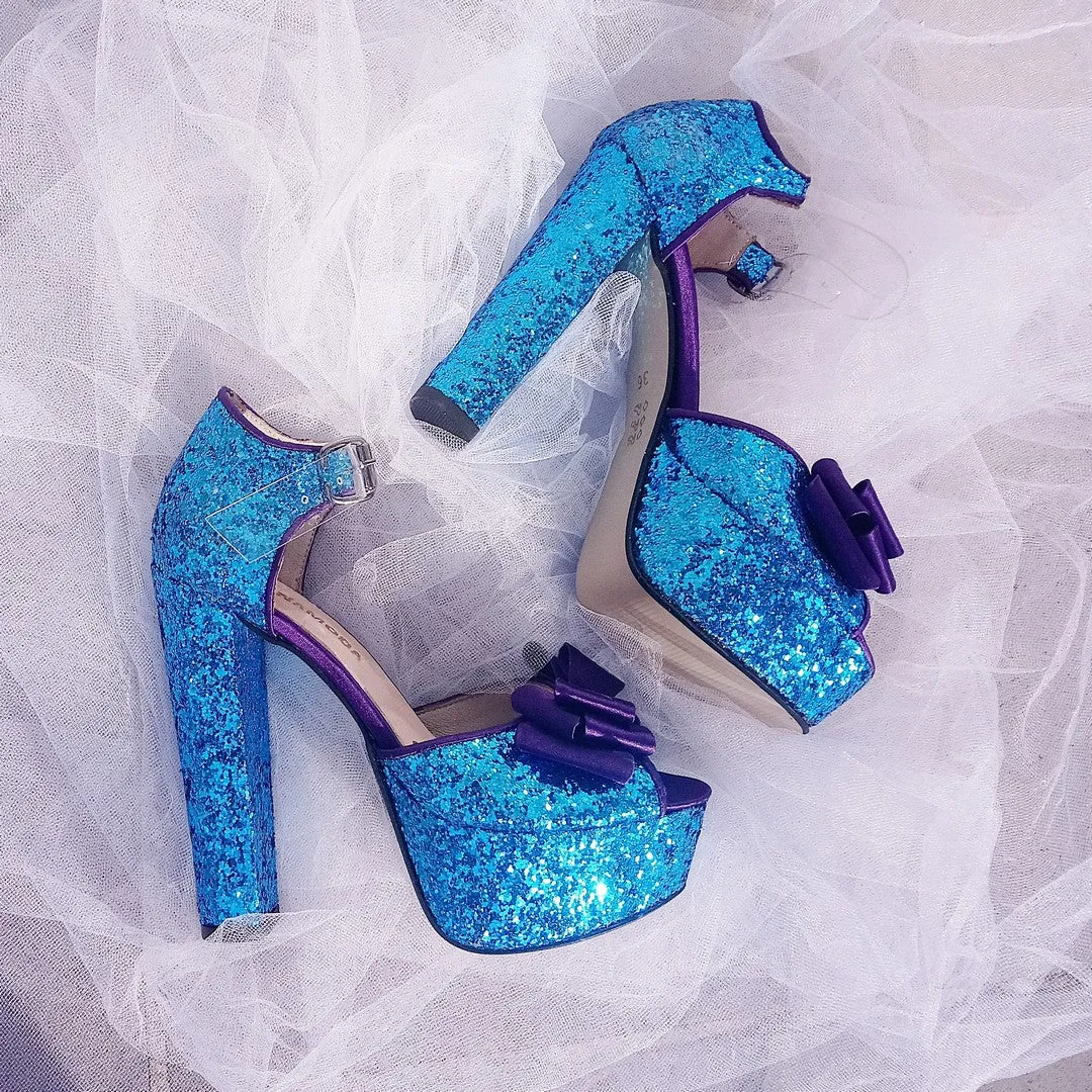 Blue Glitter Heel Platform Shoes