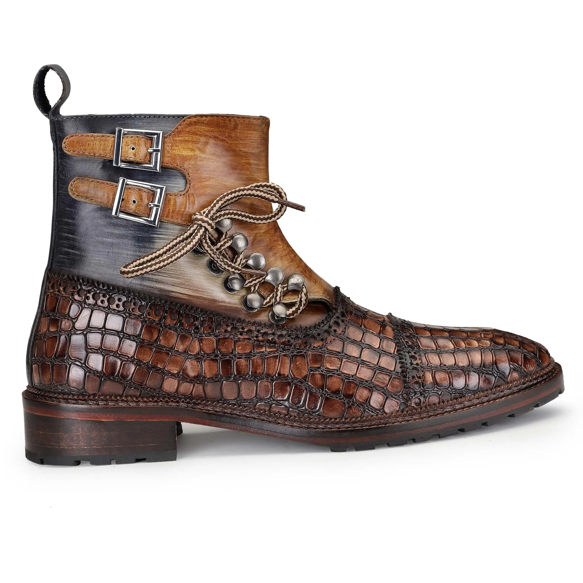 Cap Toe  Lace up Boots - Croc Brown