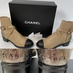 Chanel 2014 Leather Beige Black Logo Short Boots EU 39.5 US 9