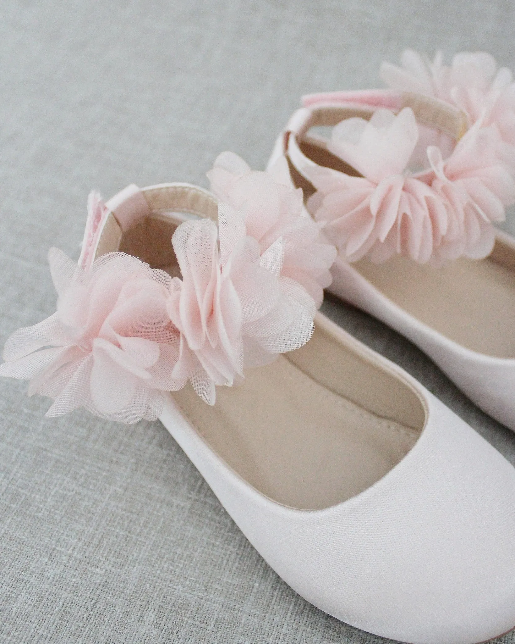 Dusty Pink Satin Flats with Chiffon Flowers Ankle Strap