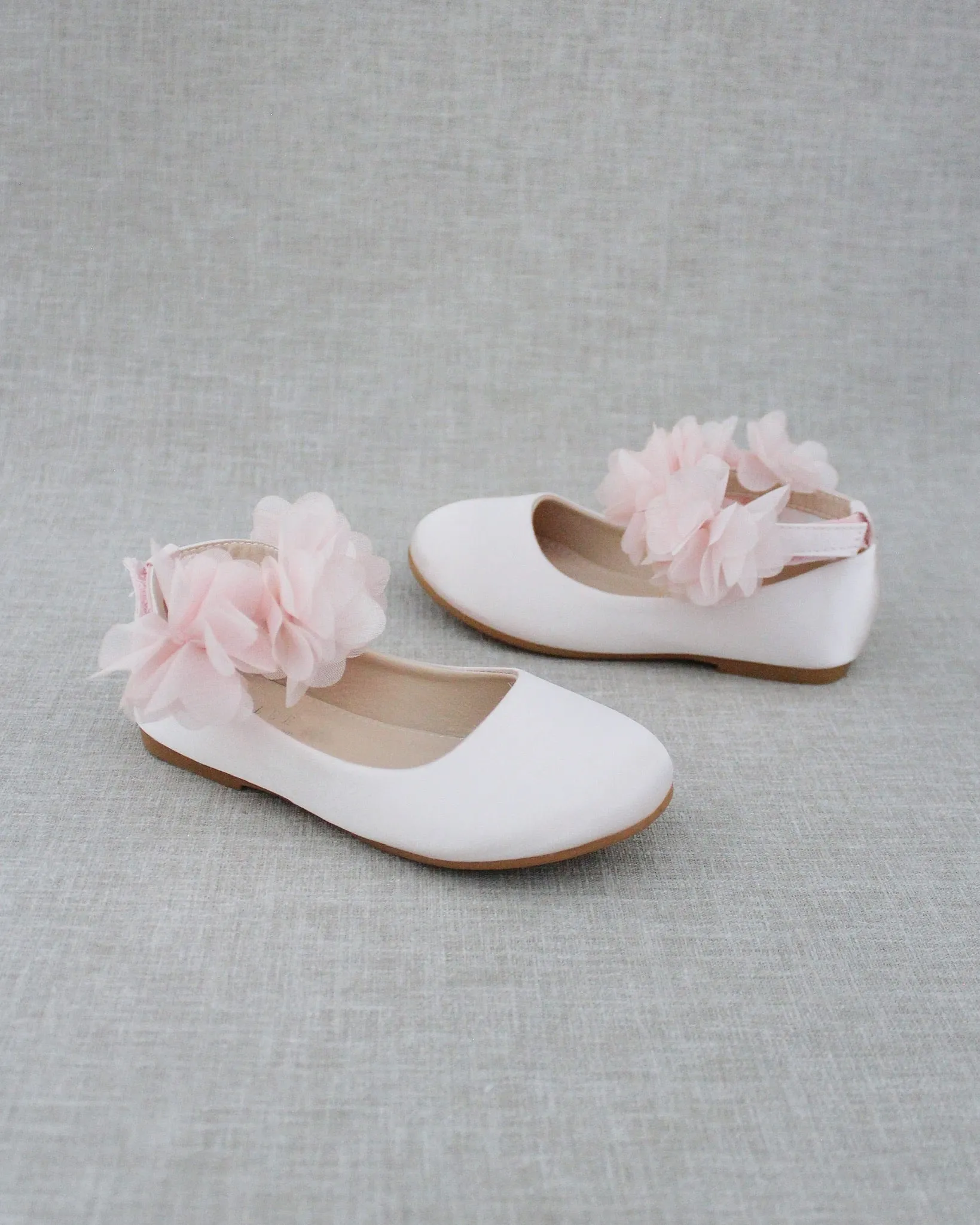 Dusty Pink Satin Flats with Chiffon Flowers Ankle Strap