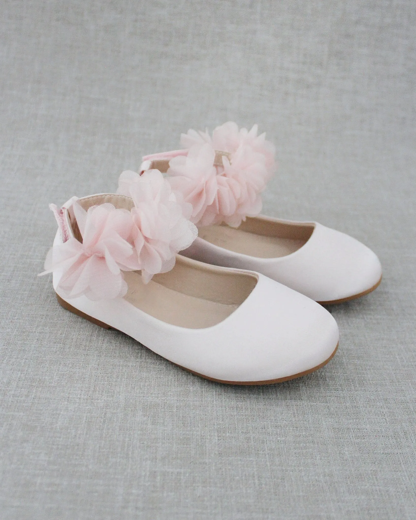 Dusty Pink Satin Flats with Chiffon Flowers Ankle Strap