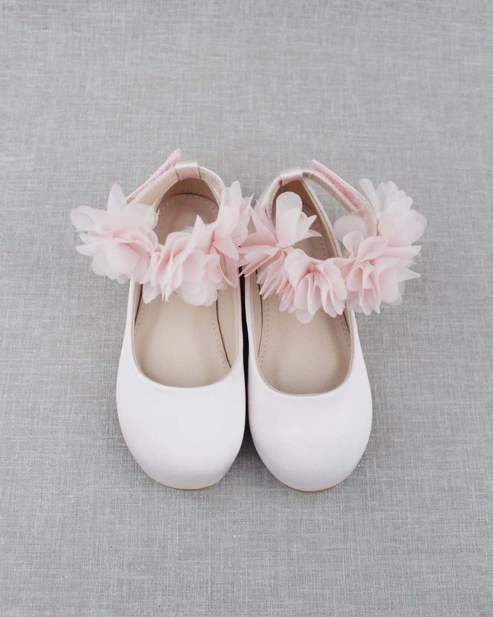 Dusty Pink Satin Flats with Chiffon Flowers Ankle Strap