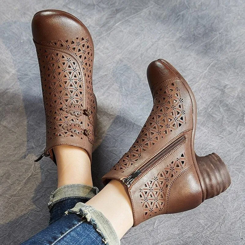 Hollow Thick Heels: RV204 Handmade Women's Casual Shoes Boots