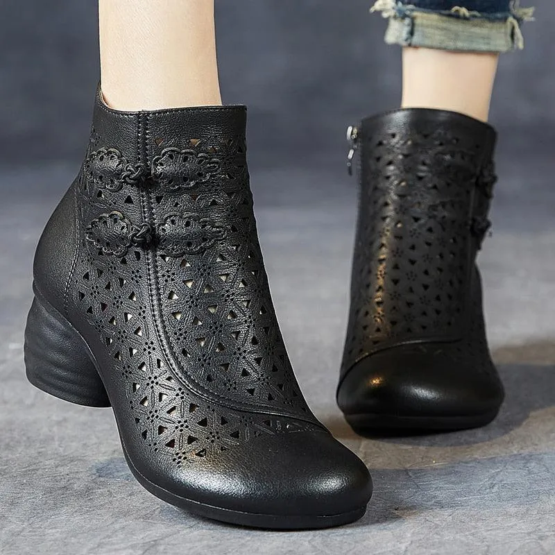 Hollow Thick Heels: RV204 Handmade Women's Casual Shoes Boots