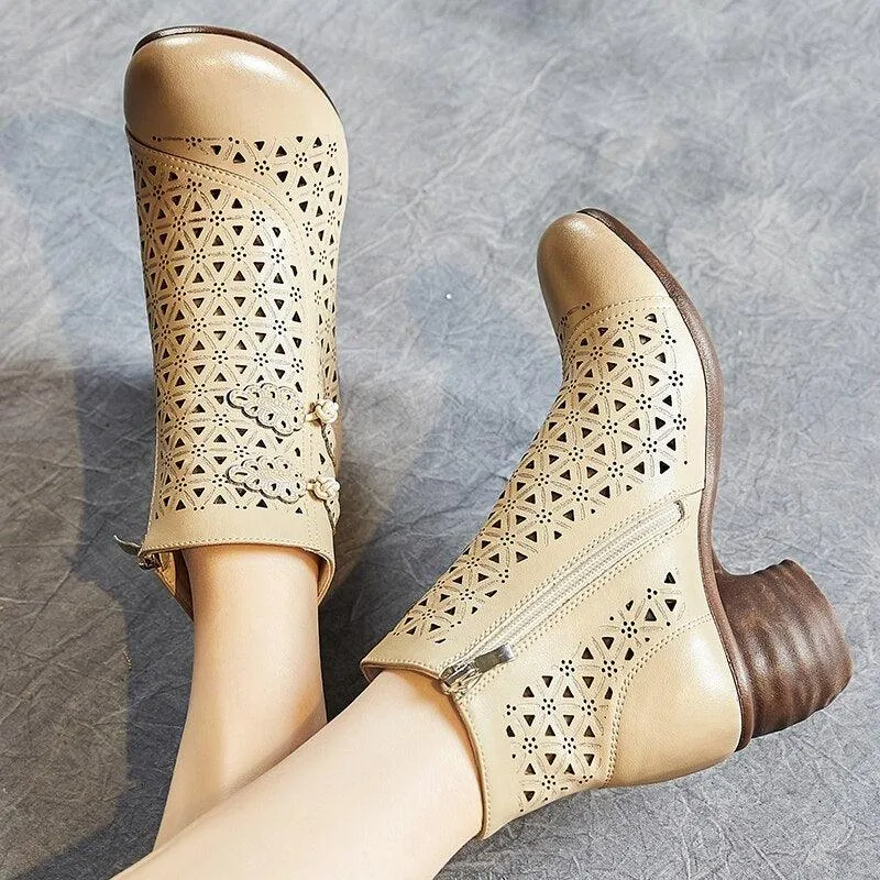 Hollow Thick Heels: RV204 Handmade Women's Casual Shoes Boots