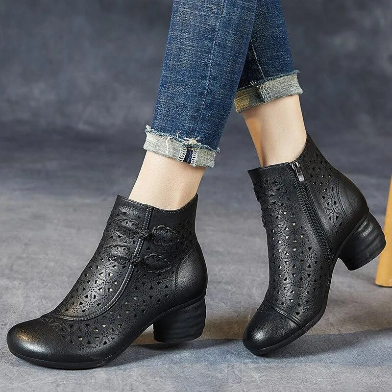 Hollow Thick Heels: RV204 Handmade Women's Casual Shoes Boots