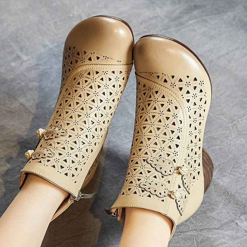 Hollow Thick Heels: RV204 Handmade Women's Casual Shoes Boots