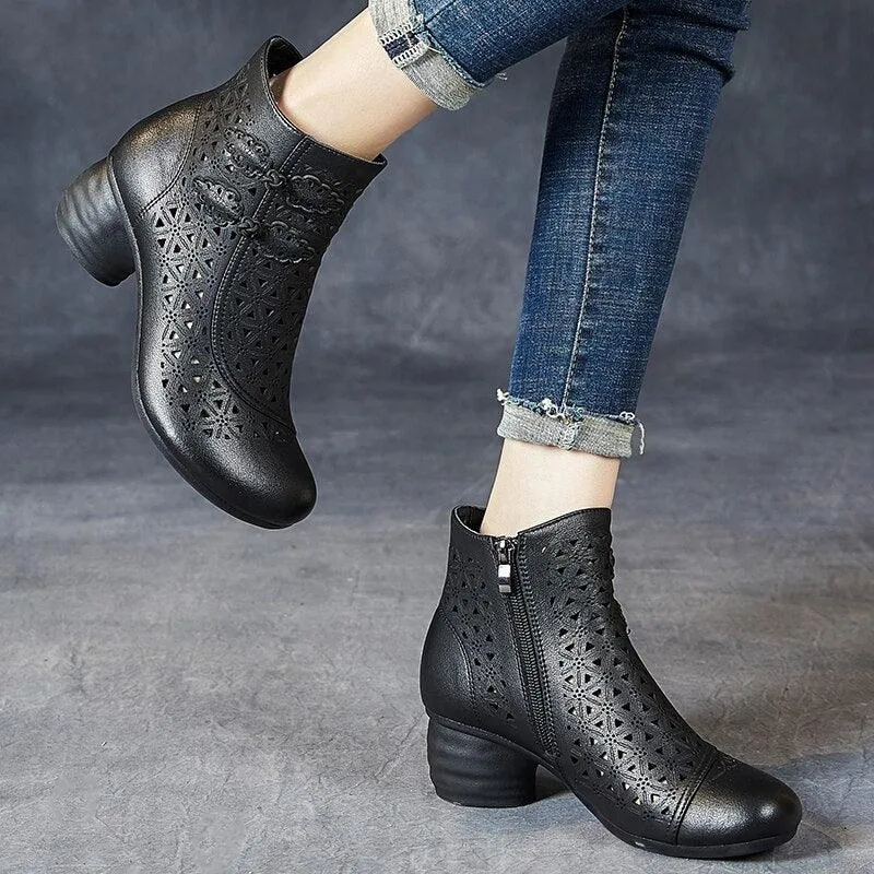 Hollow Thick Heels: RV204 Handmade Women's Casual Shoes Boots