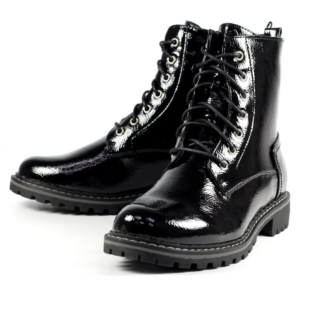 Ladies Lunar Boots Black Patent Laced Military Style Narla Inside Zip sale