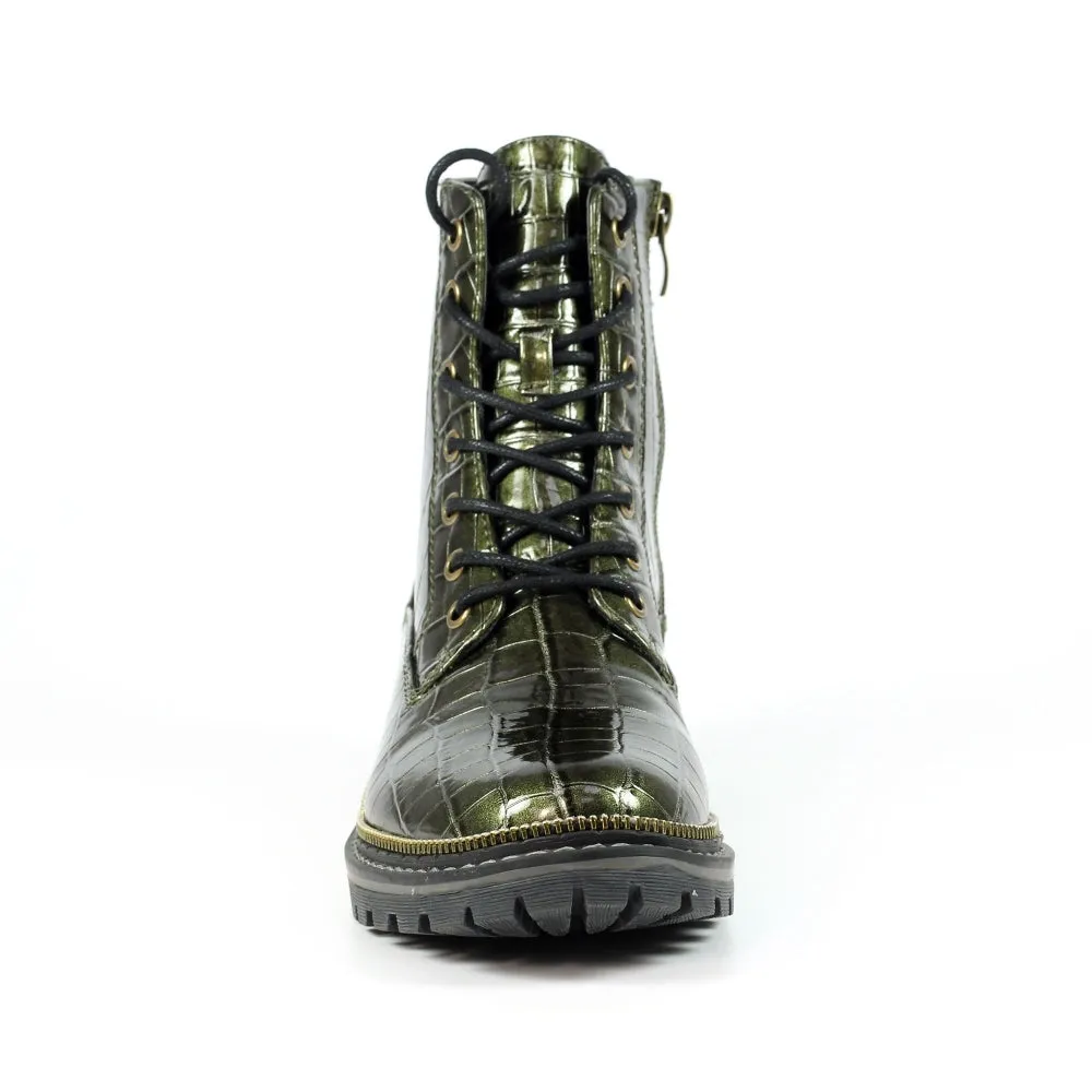 Ladies Lunar Boots Green Croc Patent Laced Military Style Regan Inside Zip sale