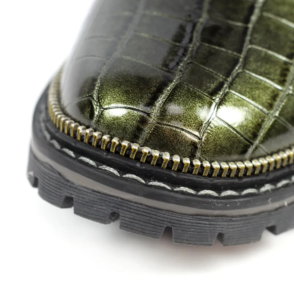 Ladies Lunar Boots Green Croc Patent Laced Military Style Regan Inside Zip sale