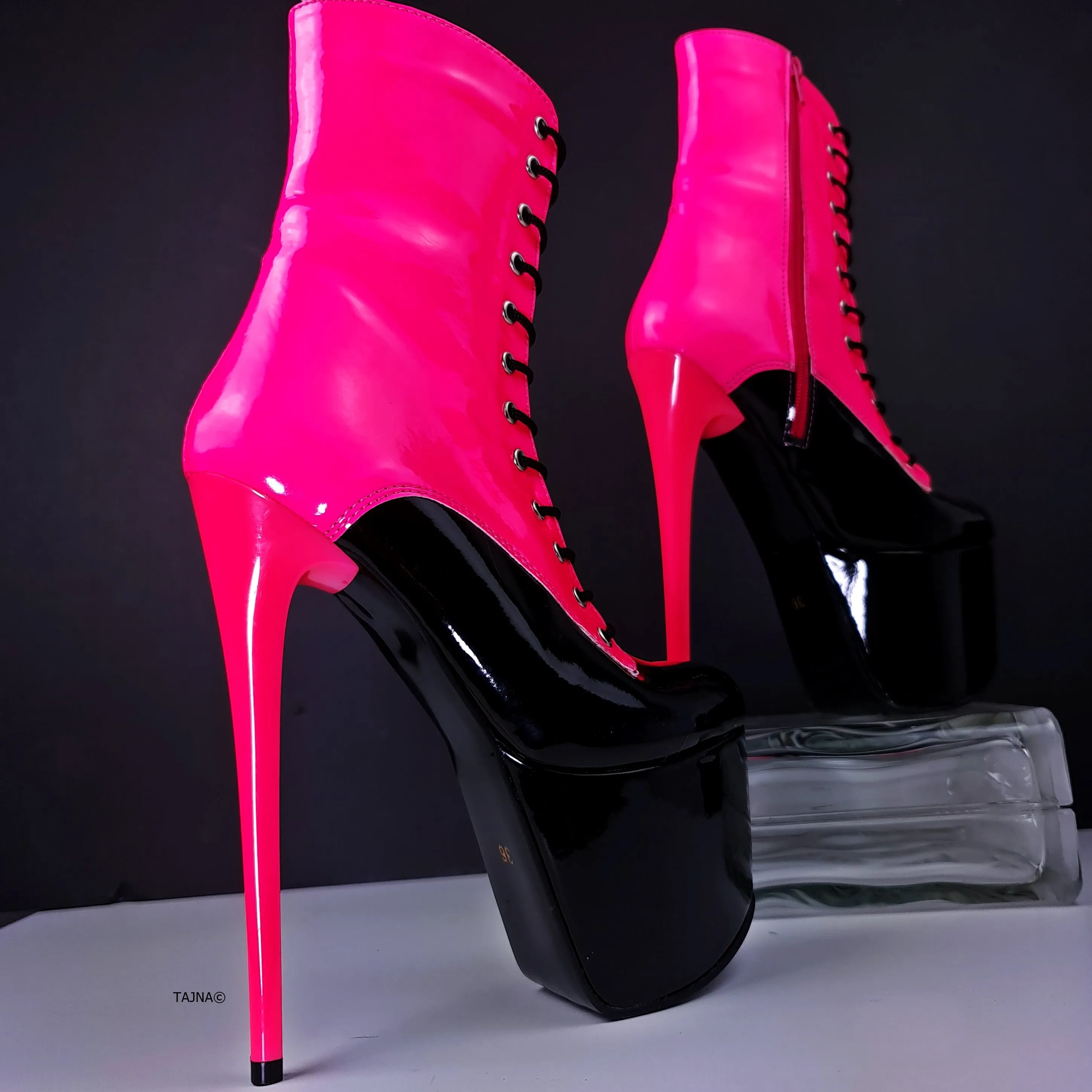 Multi Colour Neon Pink Black Gloss Lace Up Boots