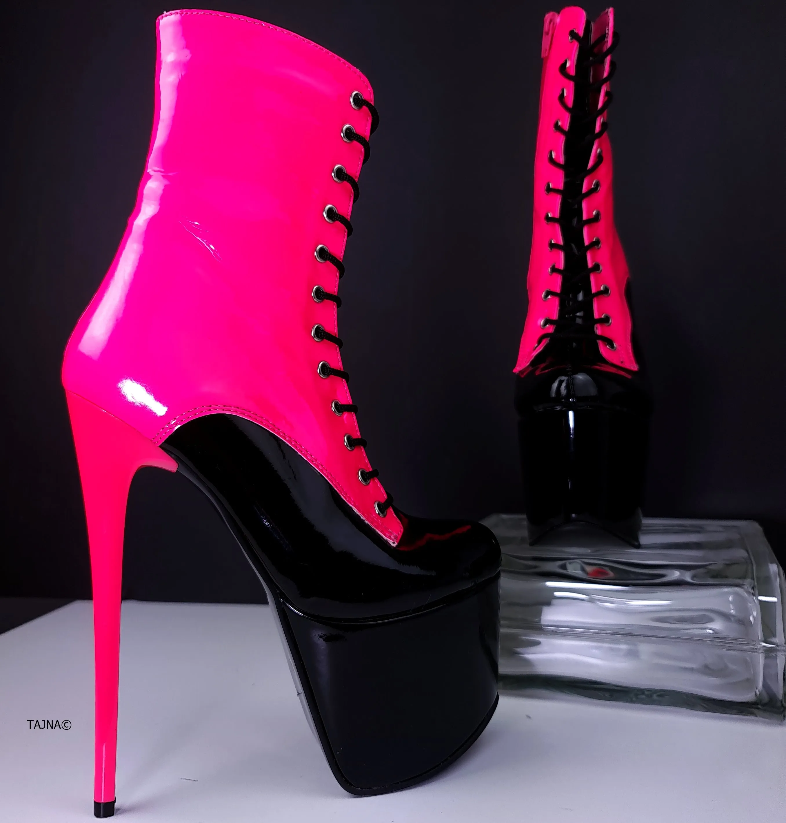 Multi Colour Neon Pink Black Gloss Lace Up Boots