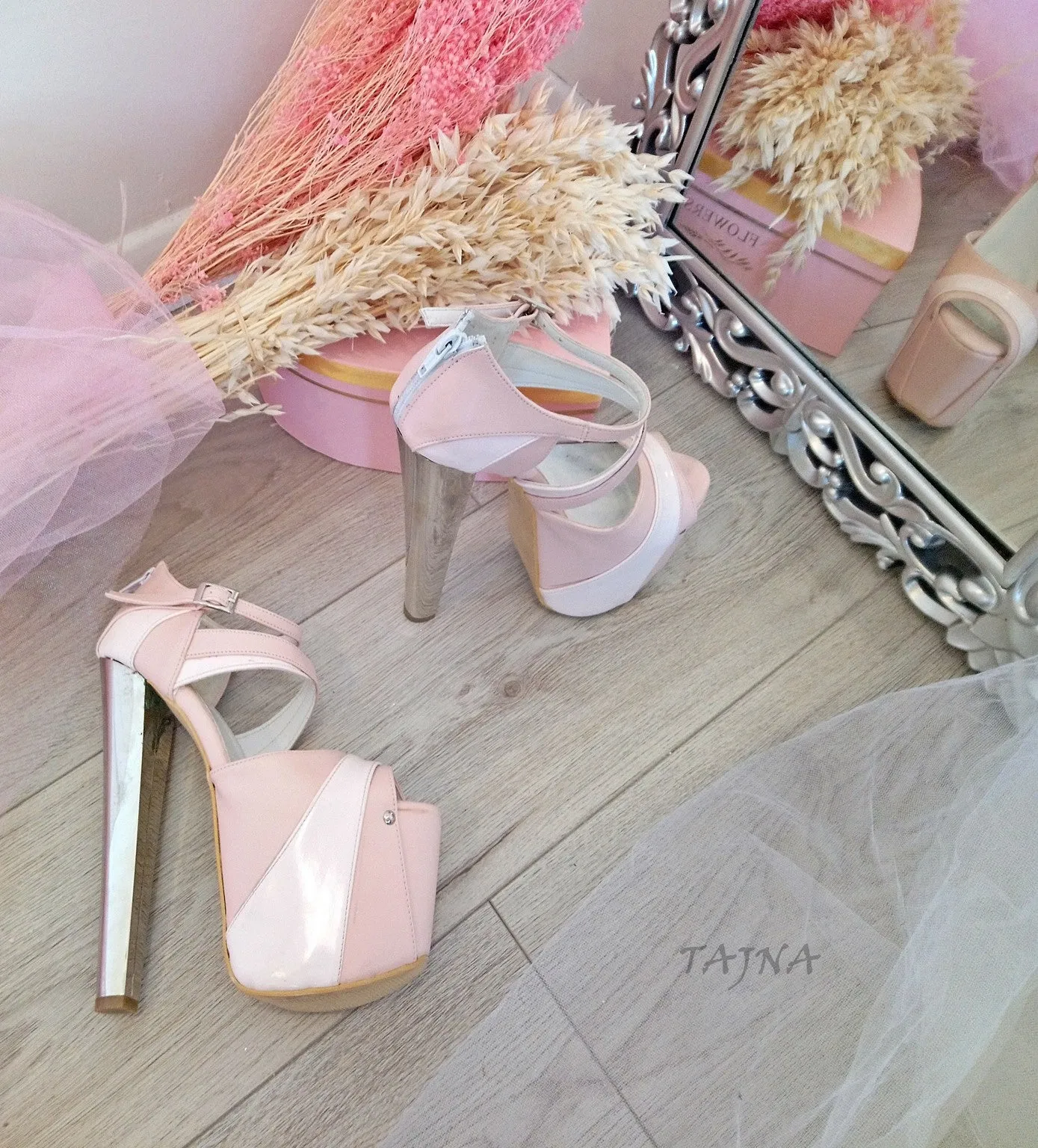 Pink Powder White High Heel Platform Shoes