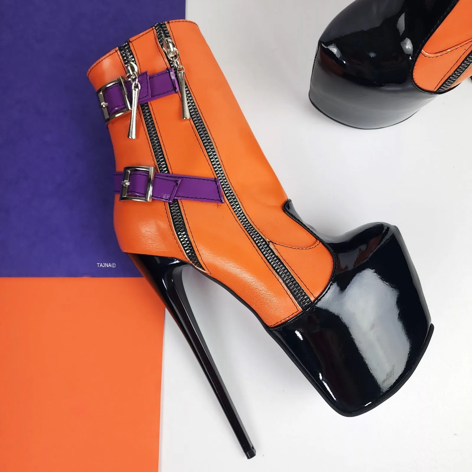 Tri-Color Belted Pencil Heel Rocker Boots