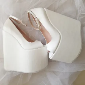 White Peep Toe Super High Heel Wedding Wedge Shoes