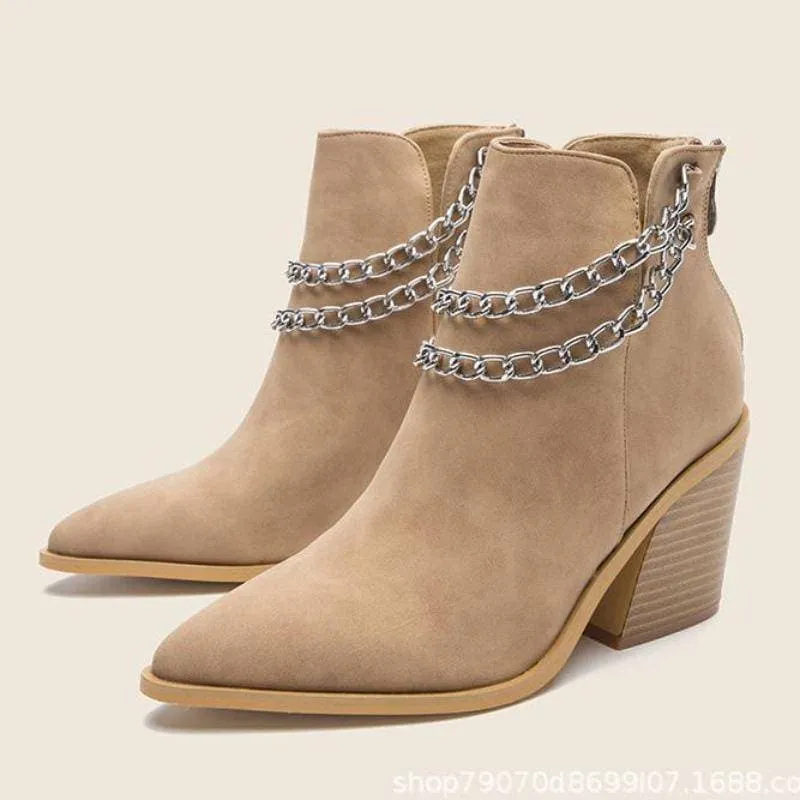 Women's Chain Zipper Back Chunky Heel Boots