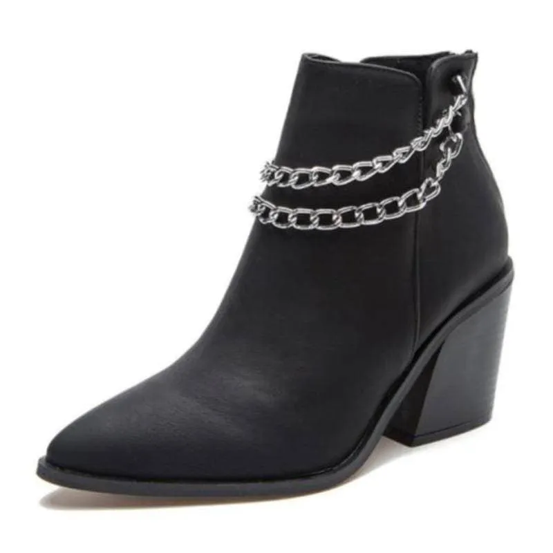 Women's Chain Zipper Back Chunky Heel Boots