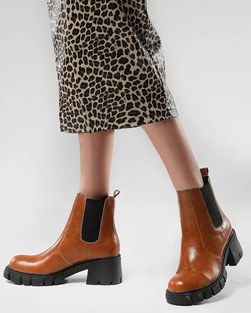 Women's Fashion Outdoor Color-Blocking Round Toe Chunky Heel Ankle Boots