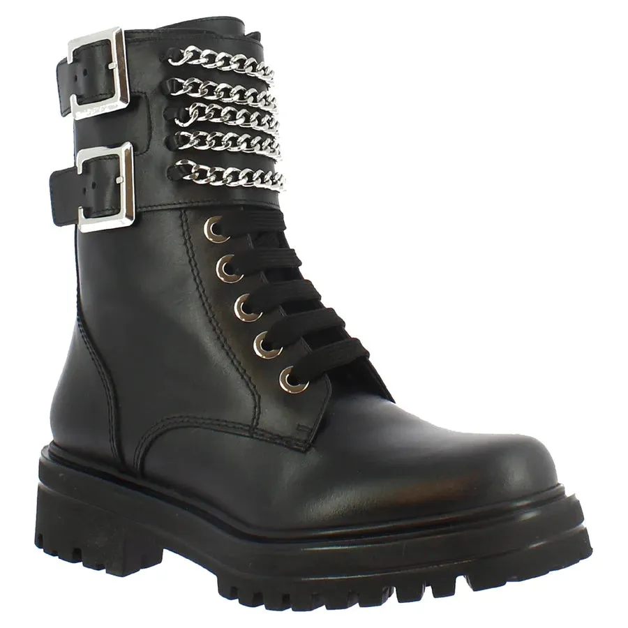 Women's handmade lace-up ankle boots in black leather with buckles and chains