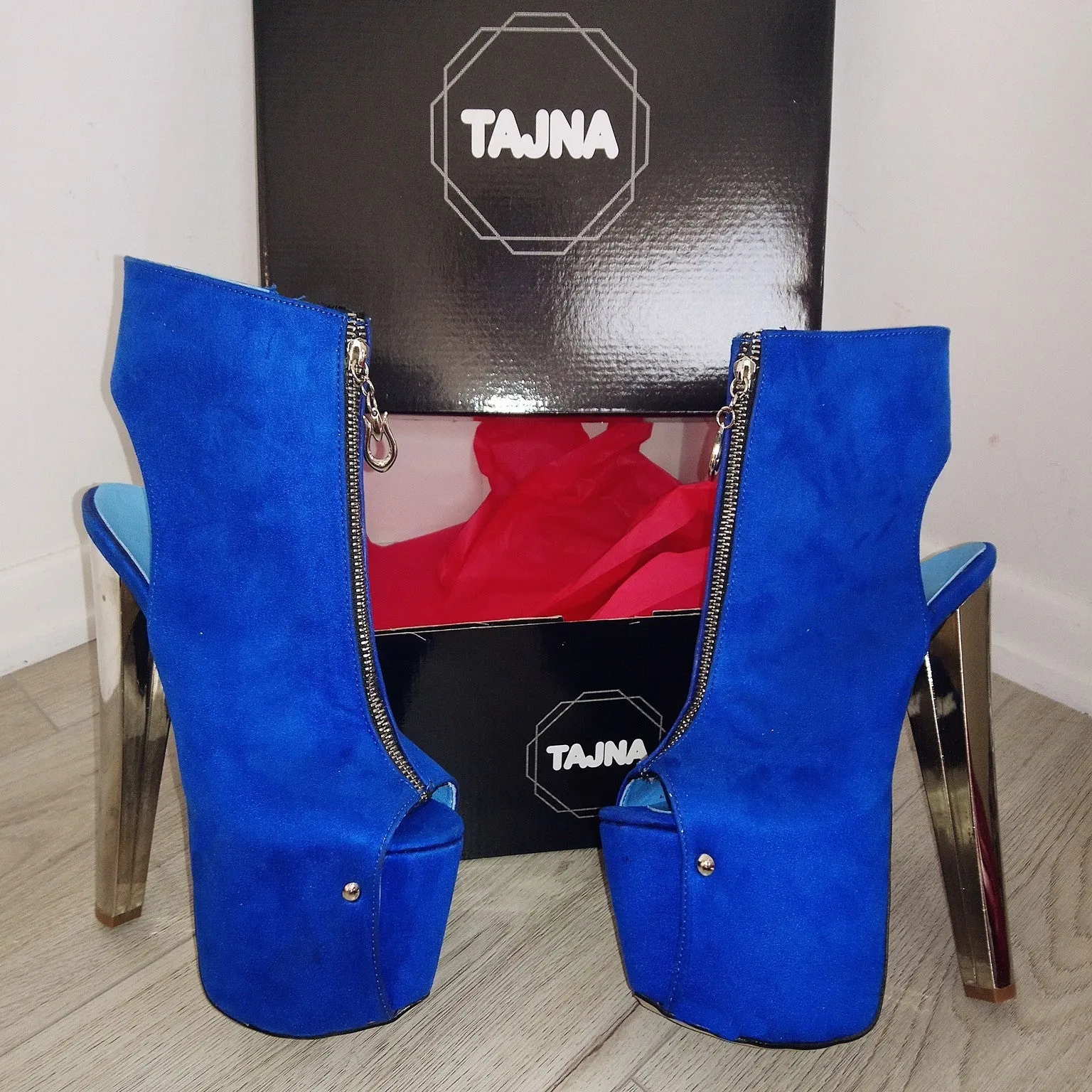 Zipper Detail Silver Heel Saxe Blue Peep Toe Platform Booties