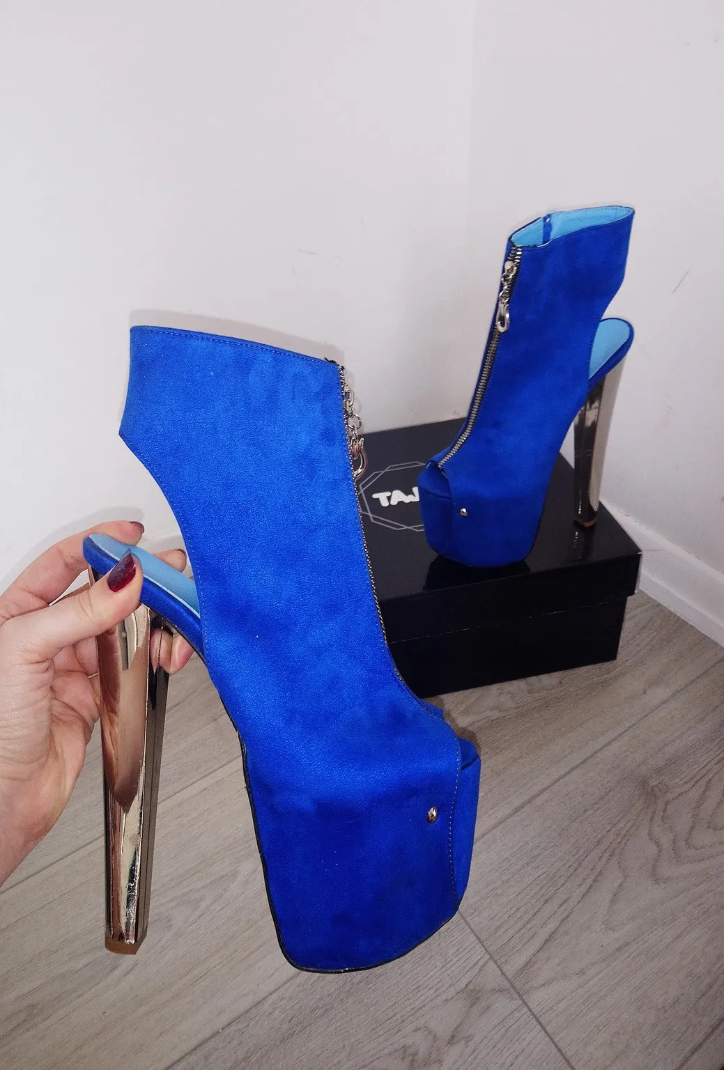 Zipper Detail Silver Heel Saxe Blue Peep Toe Platform Booties